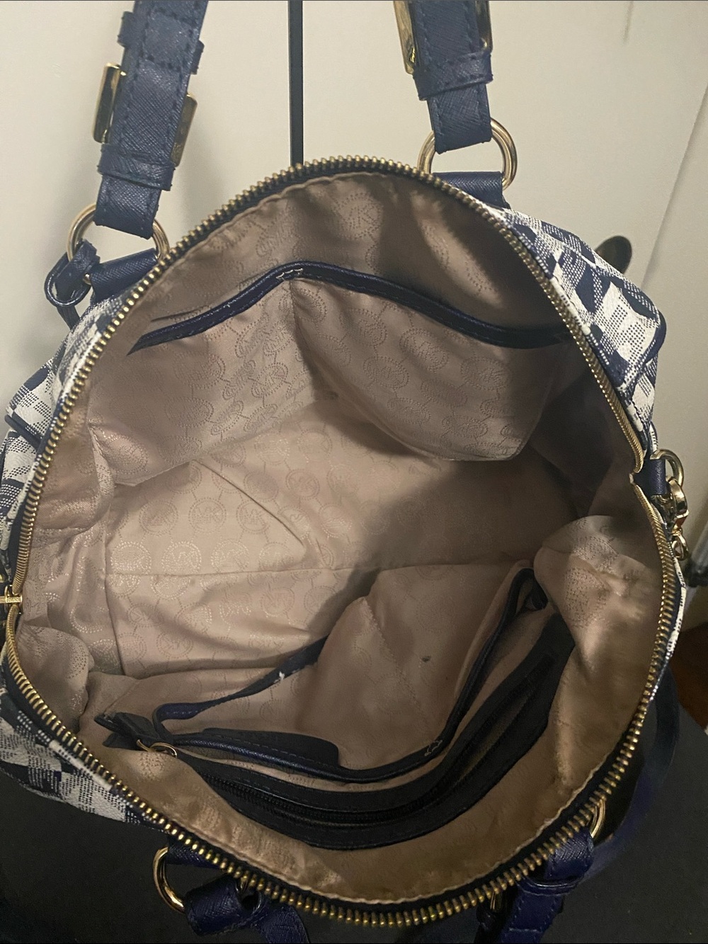 Michael Kors Navy and White Checker Satchel with Gold Accents - Picture 6 of 6